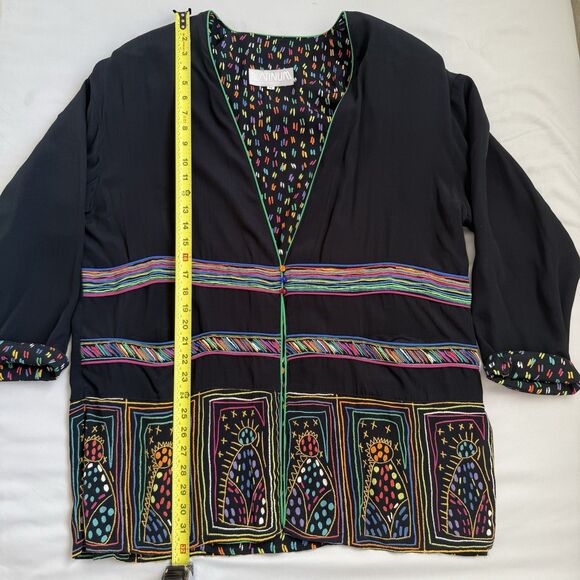 Vtg PLATINUM DOROTHY SCHOELEN Jacket Medium Black Folk Art Boho Oversized USA - Picture 10 of 13